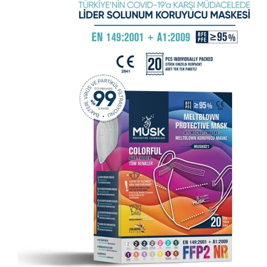 Musk Ffp2/N95 Maske 20 Adet Mix Colorful Kutusu Meltblown Filtre ile Yüksek Koruma