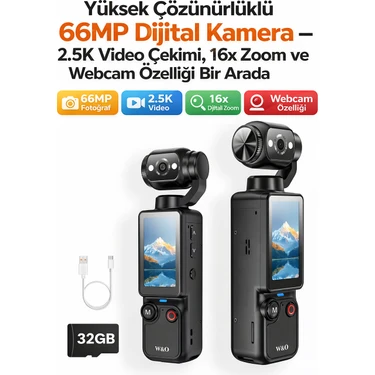 Qasul Yüksek Çözünürlüklü 66MP Dijital Kamera 2.5k Video Çekimi, 16X Zoom ve Webcam Özelikli