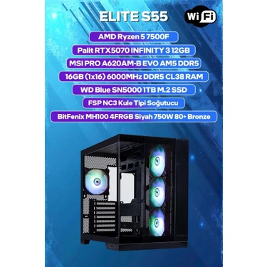 Game Garaj Elite S55 Amd R5 7500F 16GB Ram 1tb SSD RTX5070 Freedos Oyuncu Oem