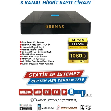 qromax qromax 8 Kanal 5 MP H265+ 1080N HIBRIT Araç, İnsan ve Yüz Tanımalı XMEYE Kayıt Cihazı