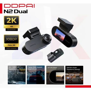 DDPAI N2 Dual Araç içi kamera - 2K + 1080P Çift kanal kayıt - Yapay zeka destekli NightVIS 2.0 -