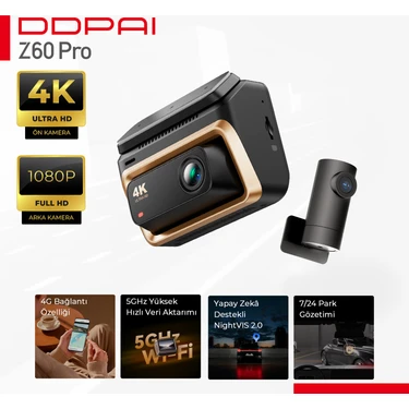 DDPAI Z60 Pro 4K UHD Araç Kamerası - 4G & 5GHz Wi-Fi - AI Gece Görüşü - 7/24