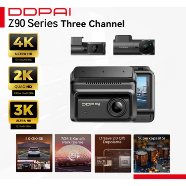 DDPAI Z90 4K UHD Araç Kamerası - 3 Kameralı Tam Koruma - D²save Çift Depolama - 7/24 Park - 512GB