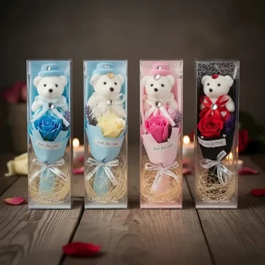 MiraLive Şeffaf Kutulu Ayıcıklı Gül