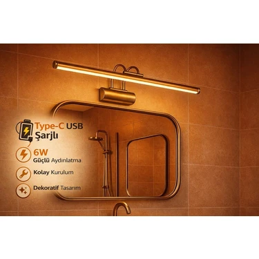 Özer Light Eskitme USB Sarjlı Resim,tablo, Ayna Üstü Banyo Ledli Aplik Flüt Aplik 3000K