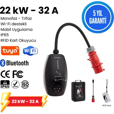 EVwallbox 22KW V3 Türkçe Mobil Uygulama 5 Yıl Garanti Taşınabilir Elektrikli Araç Şarj Cihazı