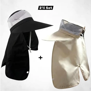 Mustran 2'li Set Geniş Siperli Enseli Güneş Şapkası Fileli Yazlık Kadın Erkek Outdoor