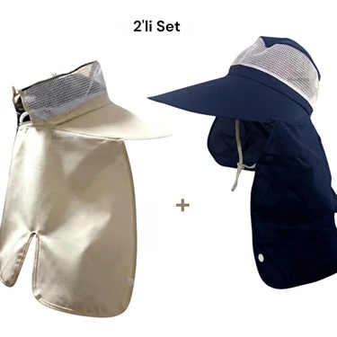 Mustran 2'li Set Geniş Siperli Enseli Güneş Şapkası Fileli Yazlık Kadın Erkek Outdoor
