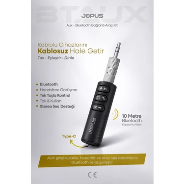 Jopus Bluetooth Aux Araç Kiti Bluetooth 5.0 Hd Ses Kalitesi Kesintisiz