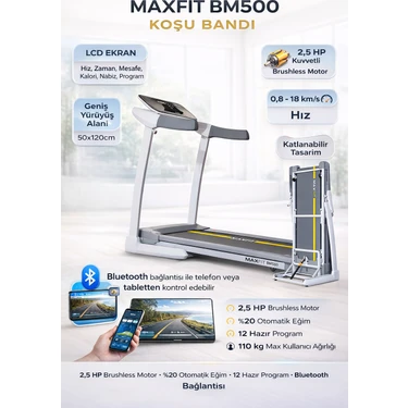 Maxfit Maxfıt BM500 Otomatik Eğimli Koşu Bandı 2,5 Hp Brushless Motor Bluetooth