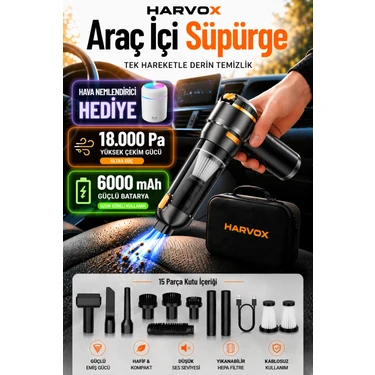 Harvox 18000PA Güçlü Vakum Araç Süpürgesi Taşınabilir Çantalı 6000MAH Bataryalı Üflemeli Hava