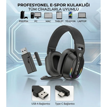 Komc GT-100 Rgb Aydınlatmalı Tri-Mode Kablosuz Gaming Kulaklık - 2.4g, Bluetooth, Type-C, Sıfır
