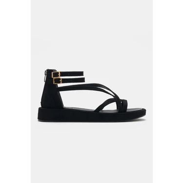 Selin Shoes Lony Ön Çarpraz Detaylı Bilek Tokalı Kadın Sandalet- Siyah