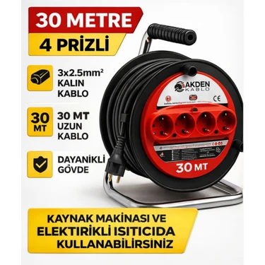 Akden Kablo 30 Metre 3x2,5mm Makaralı Uzatma Kablosu Tam Kesit Kaynak Makinası Kullanıma