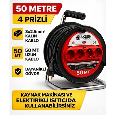 Akden Kablo 50 Metre 3x2,5mm Makaralı Uzatma Kablosu Tam Kesit Kaynak Makinası Kullanıma