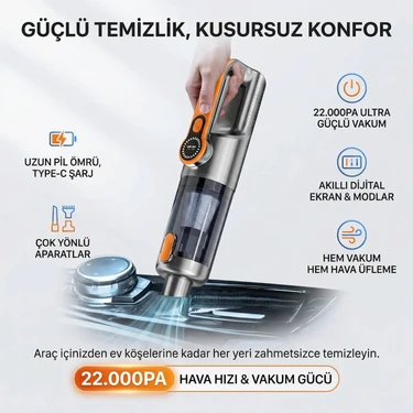 Matechno 2in1 Kablosuz Işıklı Yüksek Performans Araç Süpürgesi 22.000PA Çekim Gücü Vakum ve
