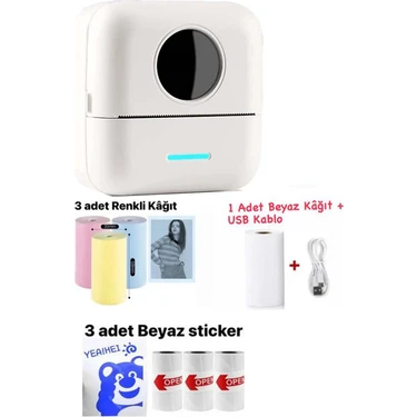 Schulzz Taşınabilir Yazıcı Beyaz Bluetooth Bağlantılı 3 Adet Renkli Kağıt 3 Adet Beyaz