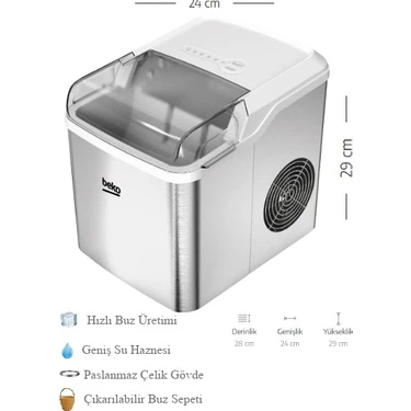 Beko Buz Makinesi Paslanmaz Çelik Gövde Günlük 12 kg Buz Üretim Kapasitesi Otomatik Hazneli
