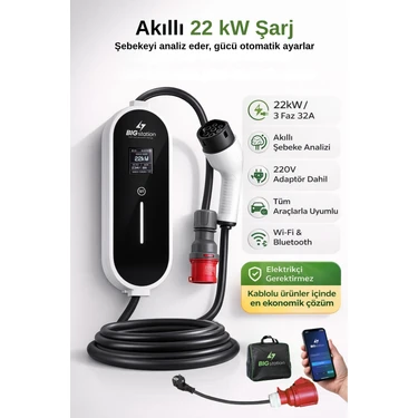 BIGstation 22kW Akıllı Taşınabilir EV Şarj Cihazı – Şebeke Analizi, Wi-Fi & Bluetooth, 220V Adaptör