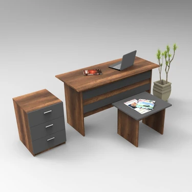 L'occi Concept Diego Abc Ofis Masa Takımı 3'lü Barok-Antrasit Suntalam Malzeme ile 140 cm