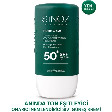 Sinoz Pure Cica Tiger Grass Anında Ton Eşitleyici Onarıcı Nemlendirici SPF50+ Sıvı Yüz Güneş Kremi