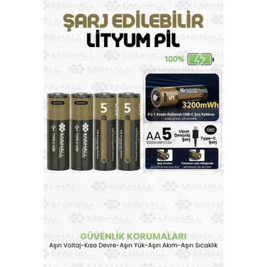 Enshall Aa Type-C Şarj Edilebilir Kalın Pil 1.5V 3200MWH Kapasiteli Lityum-Ion Saat