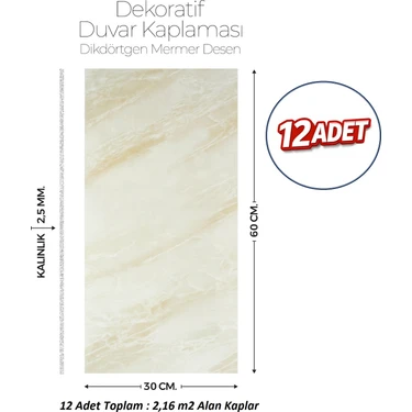 Brano 30X60 cm Kendinden Yapışkanlı Duvar,banyo,tezgah Arası Kaplama Bej Mermer 12