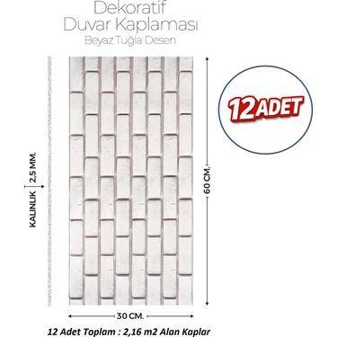 Brano 30X60 cm Kendinden Yapışkanlı Duvar,banyo,tezgah Arası Kaplama Beyaztuğla Desen 12