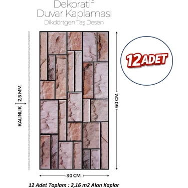 Brano 30X60 cm Kendinden Yapışkanlı Duvar,banyo,tezgah Arası Kaplama Kahverengi Tuğla Desen 12