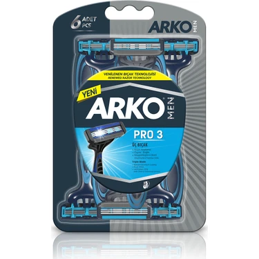 Arko Men Pro 3 Bıçaklı Tıraş Bıçağı 6'lı Tüm Ciltler İçin Kullan-At Özellikli Premium