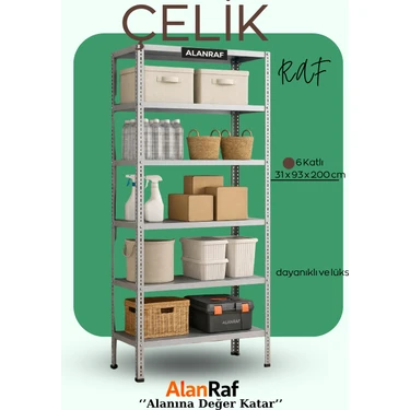 Alanraf 6 Katlı Galvaniz Çelik Raf 31X93X200 cm Hırdavat, Market, Ofis, Banyo, Depo, Mutfak, Raf
