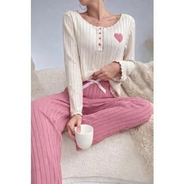 Bella Notte Nakışlı Pembe Pamuklu Kalp Detaylı Pijama