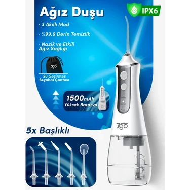 7go 7gmf1 Şarjlı Ağız Duşu (Water Flosser) – 300ML Su Haznesi, 5 Başlıklı Ipx6 Su Geçirmez Diş