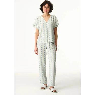 Penti Açık Yeşil Serenity Düğmeli Çizgili Gömlek Pantolon Pijama