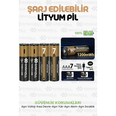 Enshall Aaa Type-C Şarj Edilebilir Ince Kalem Pil 1.5V 1200MWH Kapasiteli Lityum-Ion Kumanda