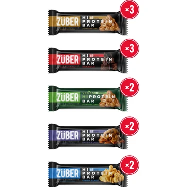 Züber Hi Protein Karma Paket 45g x 12 (Yer Fıstığı Ezmeli, Kakaolu, Vegan, Badem Ezmeli, Fındık
