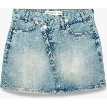 Koton Pamuklu Cepli Düğmeli Asimetrik Mini Denim