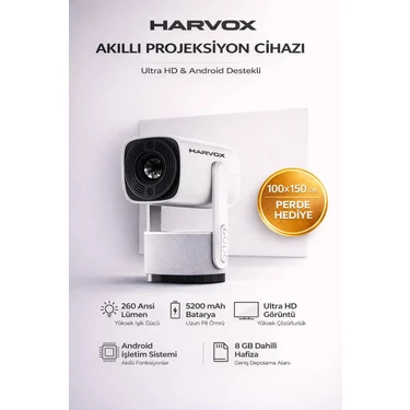 Harvox K2 Bataryalı Projeksiyon Cihazı Taşınabilir 4K Destekli 1080P Android Sistemli Perde