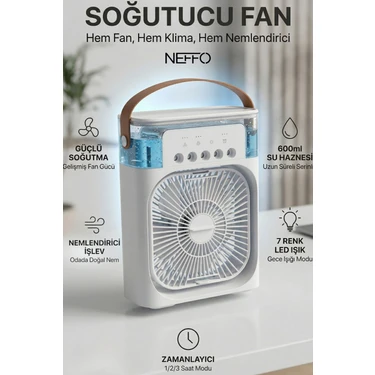 Neffo 600 ml Su Tanklı Buharlı Serinletici Fan | Taşınabilir Mini Klima Fanı | LED Işıklı Hava