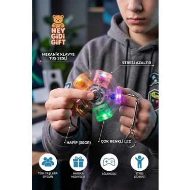 Hey Gidi Gift Dönebilen Işıklı Mekanik Klavye Stres Çarkı – Tık Sesli LED Fidget Oyuncak Anahtarlık