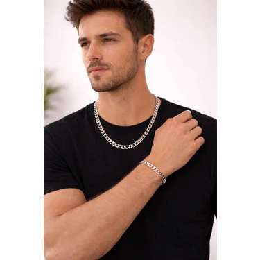 Lia Charm Erkek Gümüş Renk Paslanmaz Çelik Gurmet Zincir Kolye ve Bileklik Takımı - 60CM Kolye /