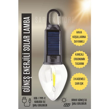 Sarfex Solar LED Ampul Güneş Enerjili + USB Şarjlı Bahçe Balkon Teras Kamp Karavan Aydınlatması