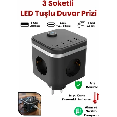 Yussraw 3 Priz + 2 USB (2 Type-C) Akım Korumalı Anahtarlı 3lüçuvaltıcı Küp