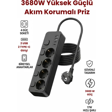 Yussraw 4lü Priz + 2 USB (2 Type-C) Akım Korumalı Anahtarlı Uzatma Kablosu – 2