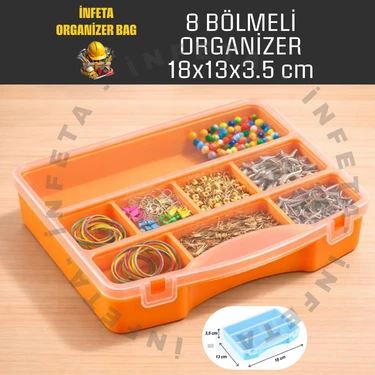 İnfeta 8 Bölmeli Şeffaf Kapaklı , Düzenleyici Organizer Malzeme Kutusu Hobi El Aleti Çivi Vida