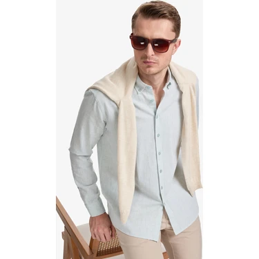 Pierre Cardin Erkek Su Yeşili Keten Karışımlı Regular Fit Uzun Kollu Gömlek