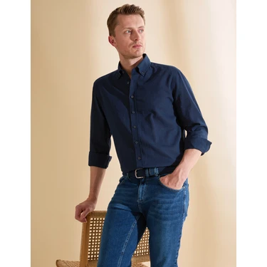 Pierre Cardin Erkek Lacivert Keten Karışımlı Regular Fit Uzun Kollu Gömlek