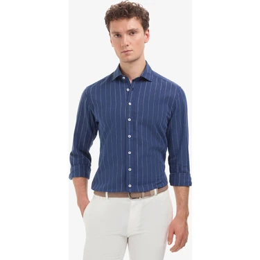 Pierre Cardin Erkek Lacivert  Keten Karışımlı Regular Fit Çizgili Uzun Kollu Gömlek