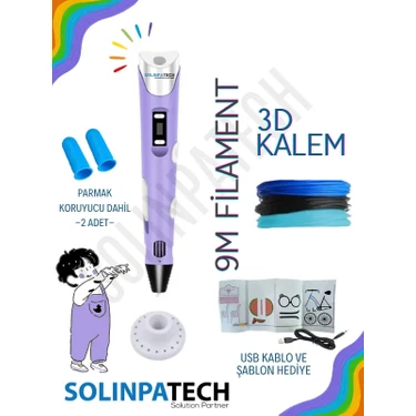 Solinpatech 3D Kalem 3D Pen USB Kablolu Üç Boyutlu Yazıcı Kalem Printer-Mor (3 Adet 3M Filament