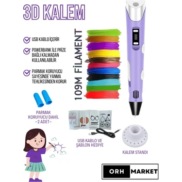 ORH MARKET 3D Kalem USB Kablolu Üç Boyutlu Yazıcı Kalem Printer-Mor (Çok Renkli Filament